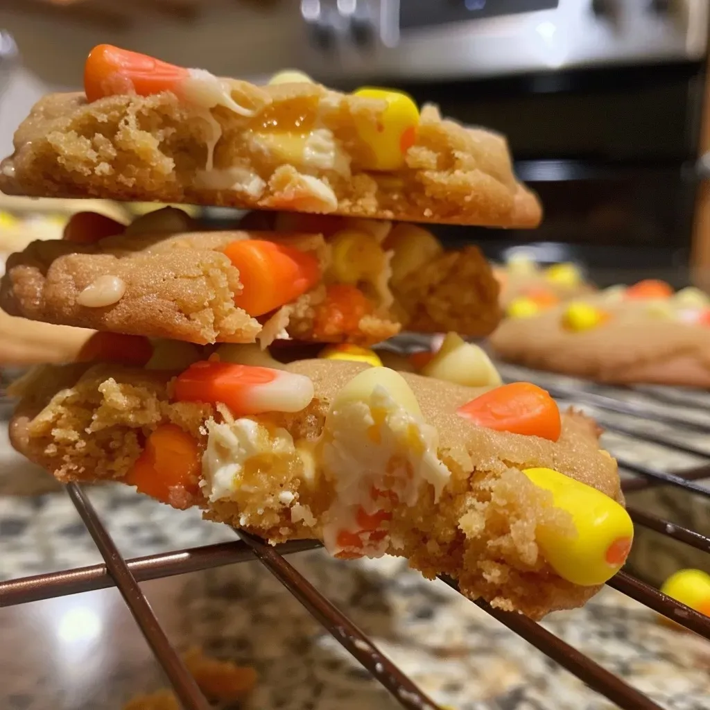 Side view of freshly baked White Chocolate Candy Corn Cookies showcasing their chewy texture and bright colors.