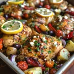 Mediterranean Chicken Tray Bake with Potatoes, Olives, Pepper and Feta