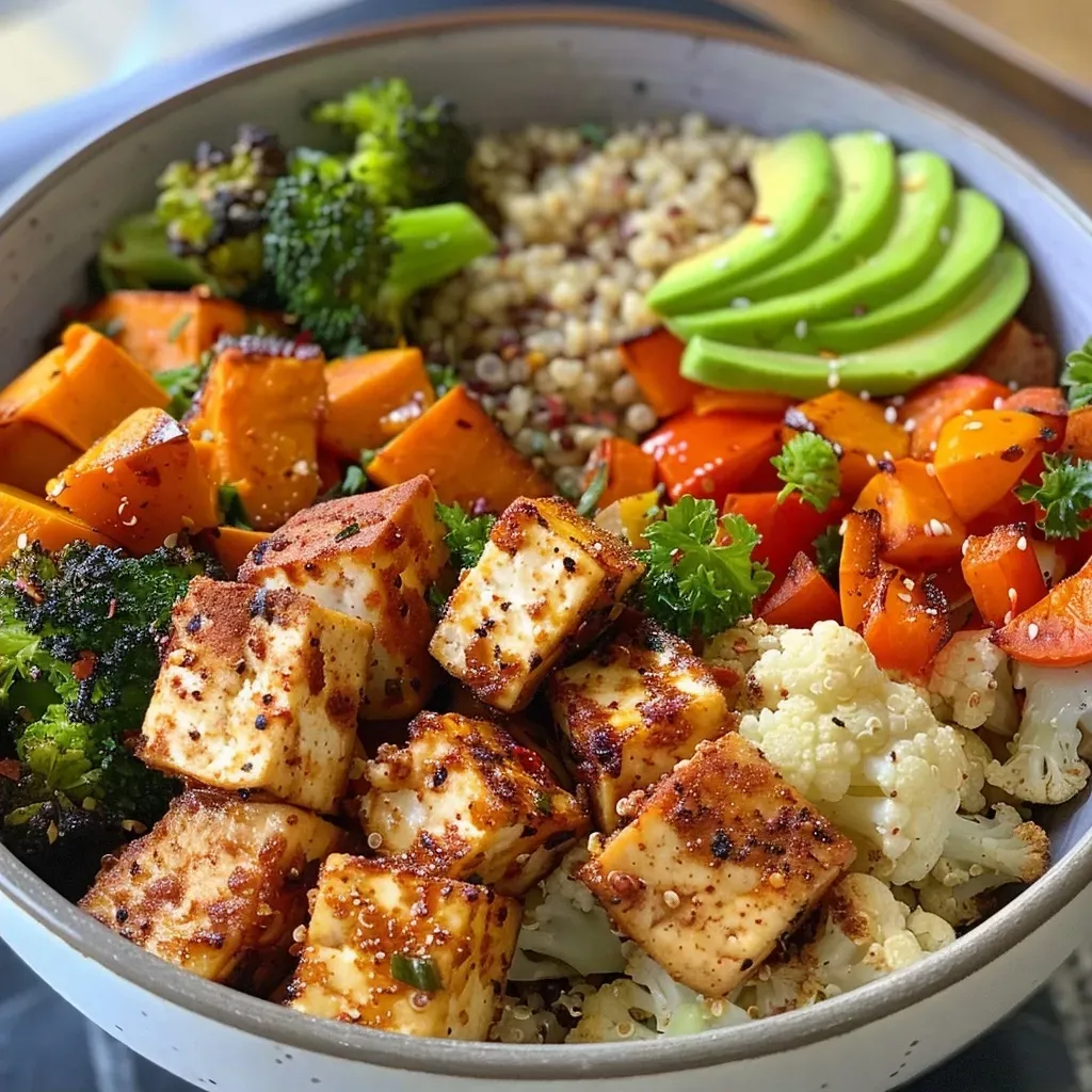 Spiced Tofu Roasted Veggie Quinoa Bowl